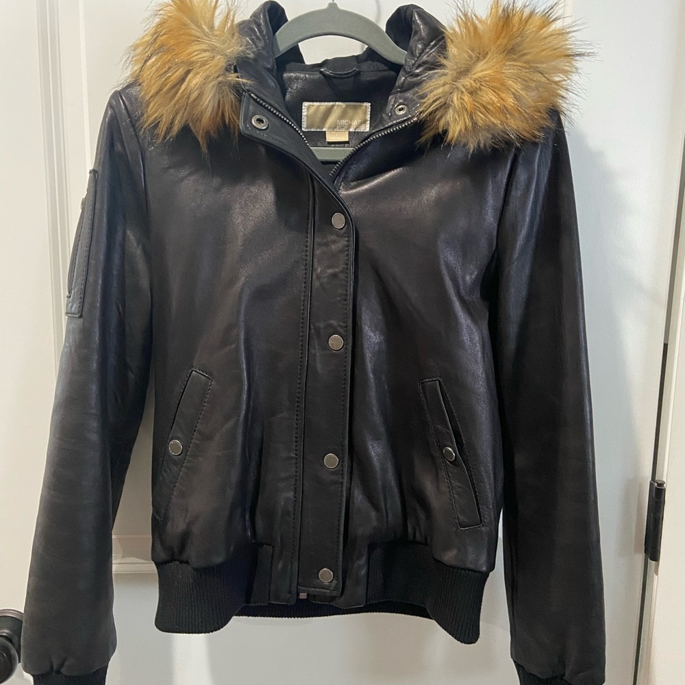 Black Leather Jacket with Fur Hood